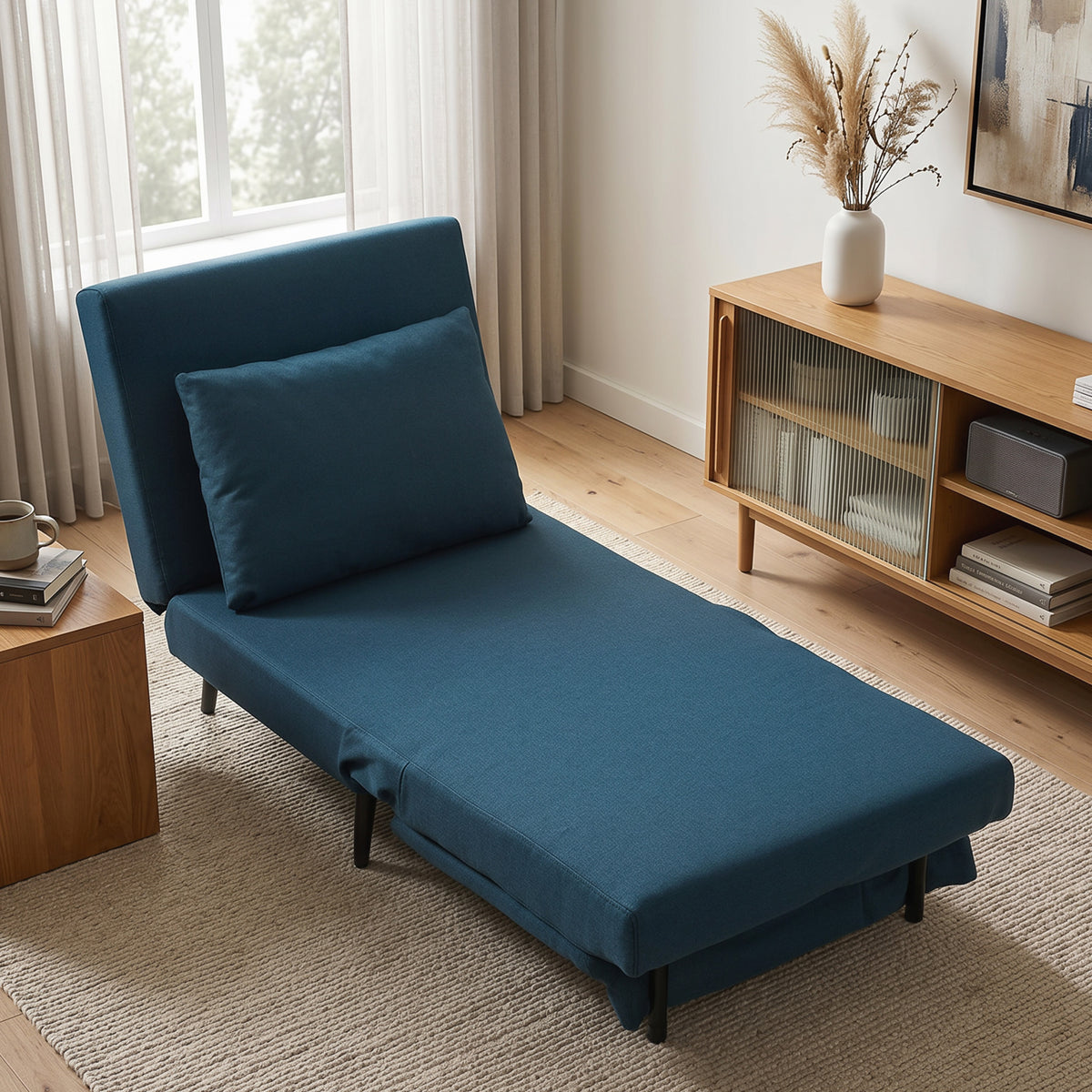 Fauteuil Convertible 1 Place, Fauteuil-Lit Clic-Clac 3 en 1 avec Dossier Réglable, Oreiller, Assise Large, Bleu-1