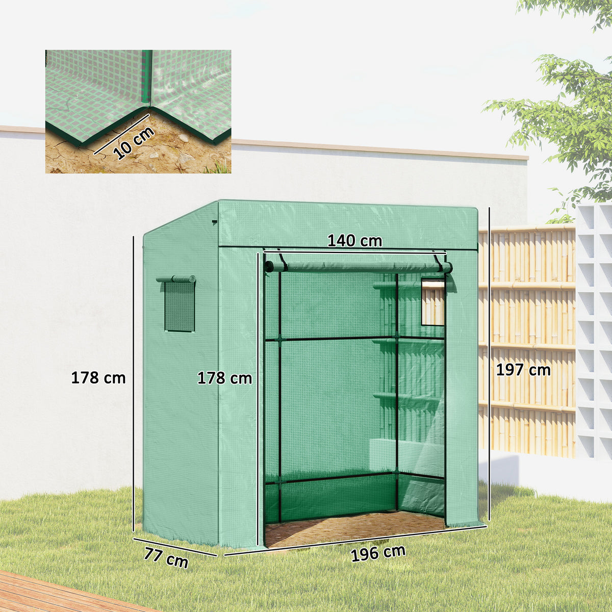 Serre de jardin murale adossée avec 1 porte enroulable, bâche PE renforcée, 2 fenêtres, dim. 196L x 77l x 197/178H cm-2