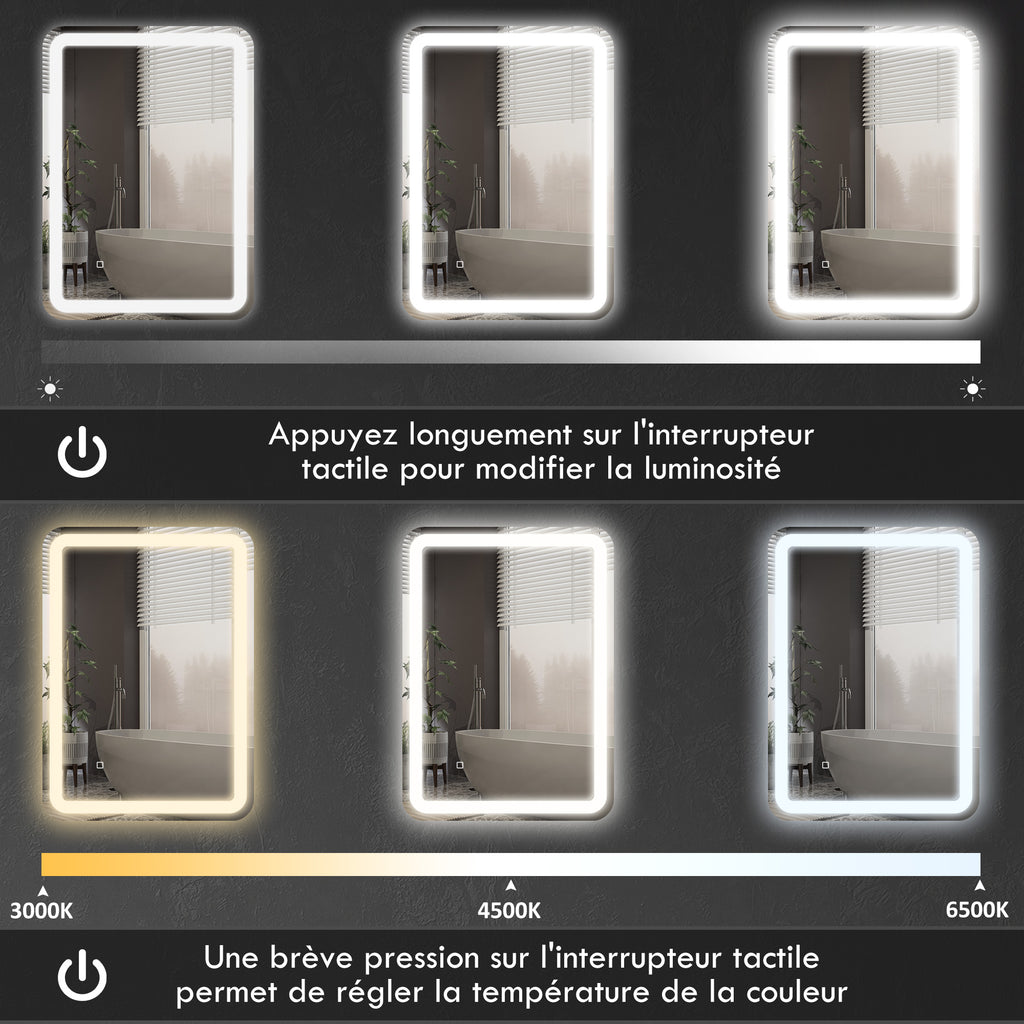 Miroir de salle de bain rectangulaire LED fonction anti-buée luminosité réglable fonction mémoire 70 x 50 cm argent-5