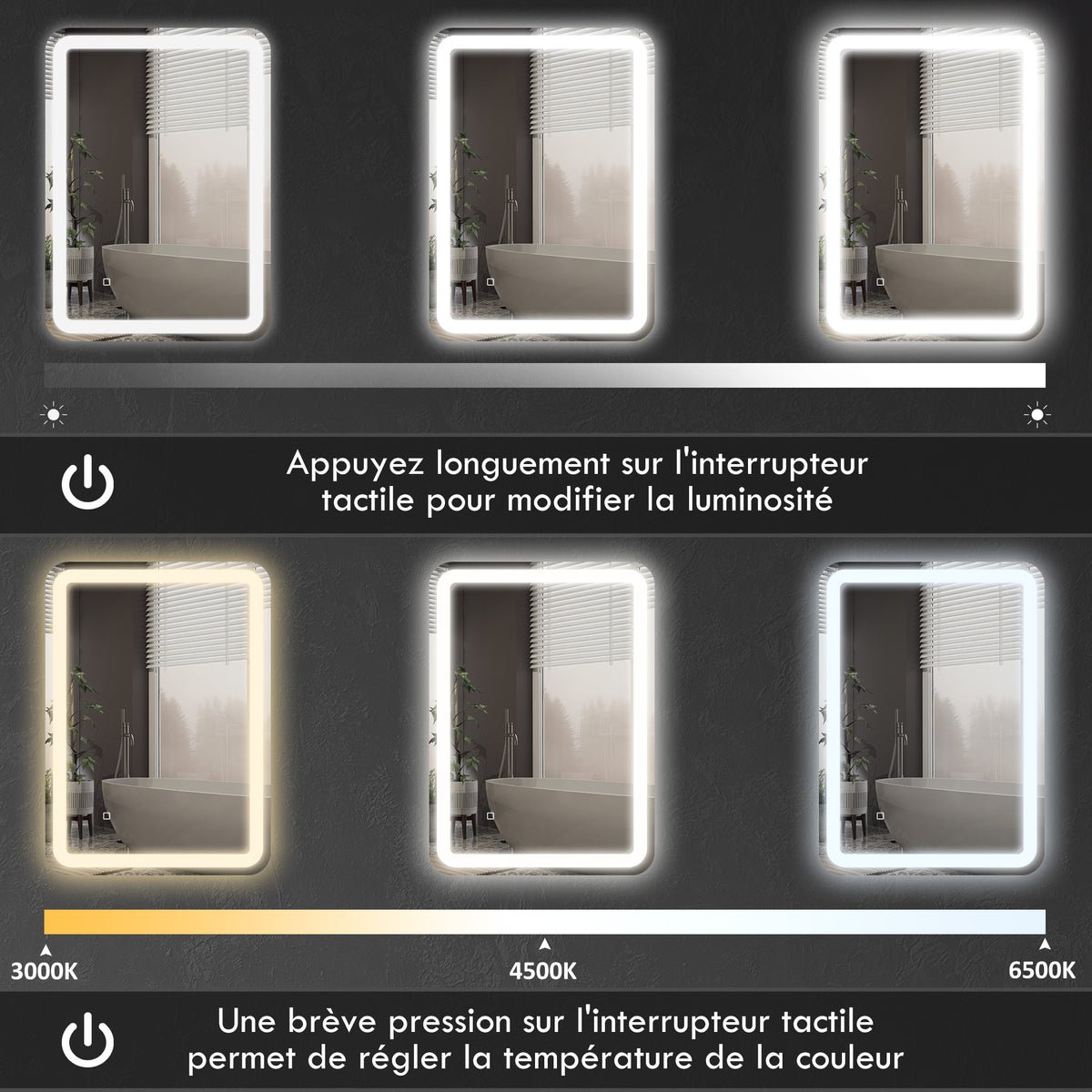 Miroir de salle de bain rectangulaire LED fonction anti-buée luminosité réglable fonction mémoire 70 x 50 cm argent-5