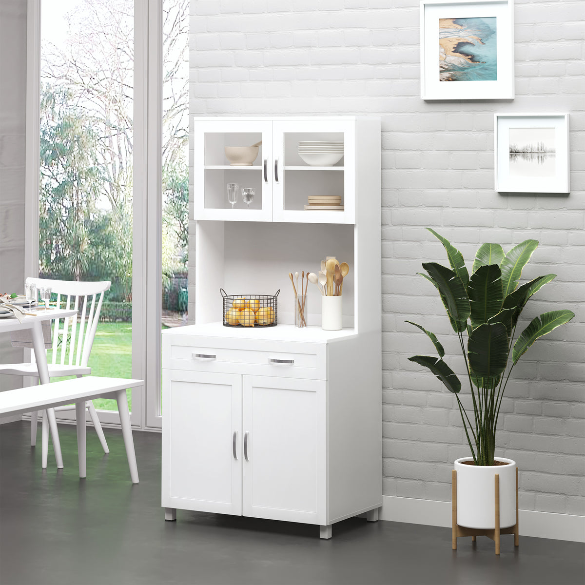 Buffet haut cuisine, armoire de cuisine, vaisselier, 4 portes dont 2 en verre, tiroir, plan de travail, étagères réglables, meuble de rangement pour salon salle à manger, 80x48x170cm, blanc-1