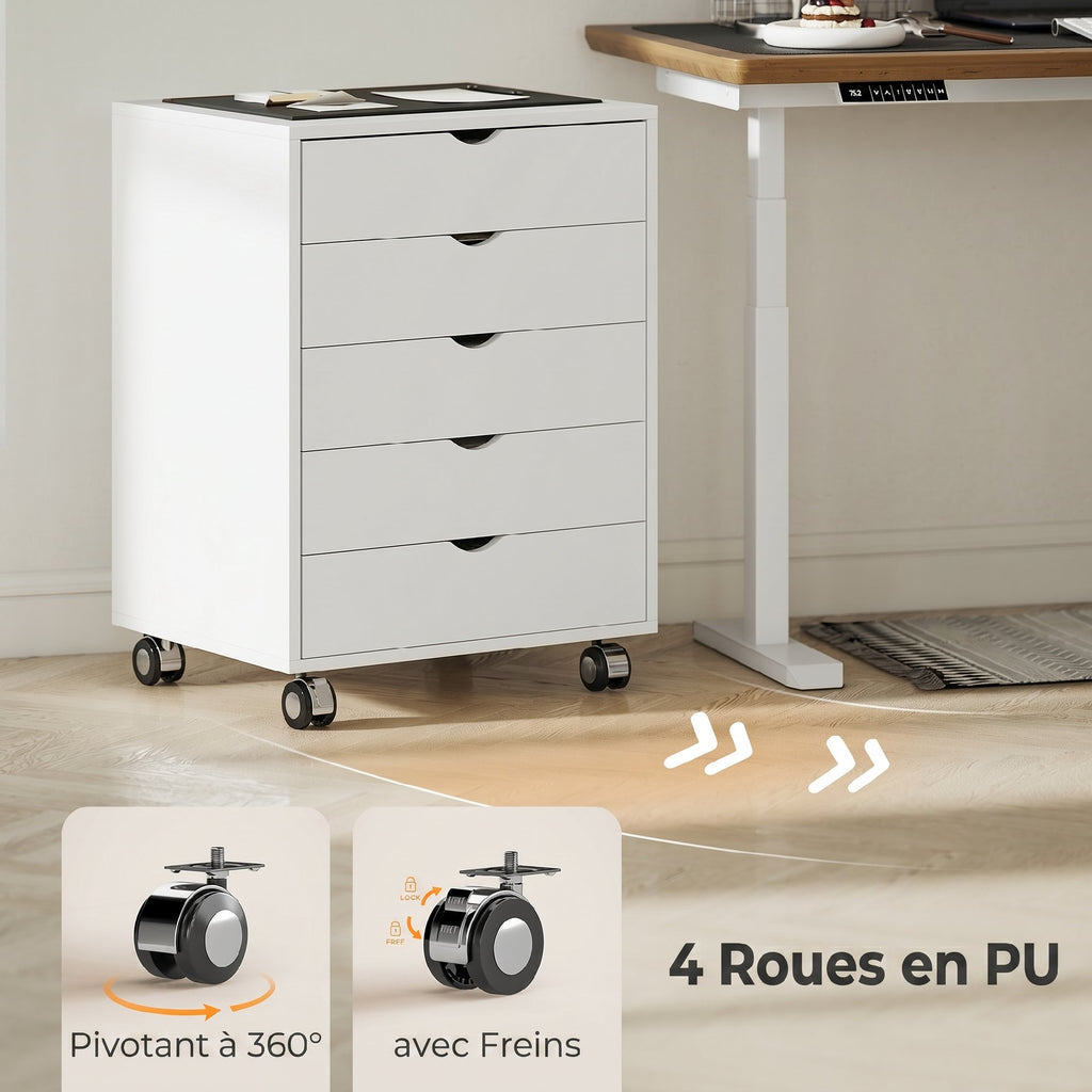 Caisson bureau mobile avec 5 tiroirs, meuble rangement bureau à roulettes pour documents A3/Lettre/A4, blanc-5