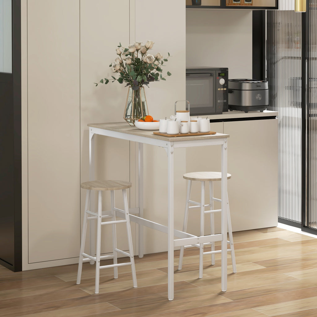 Ensemble table haute de bar + 2 tabourets structure en acier plateau aspect bois naturel 2 personnes blanc-9