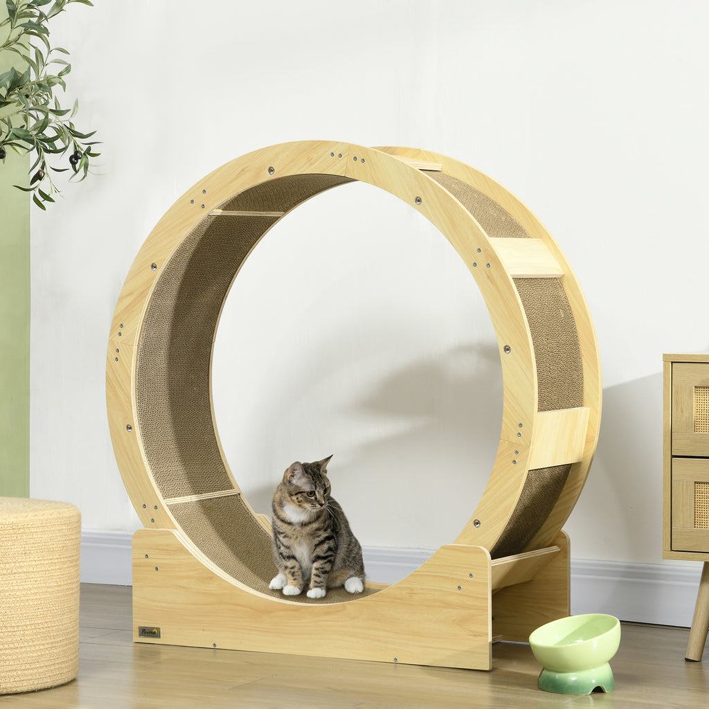 Roue de course pour chat d'intérieur tapis roulant avec frein coussins de grattage diamètre 91 cm naturel-9