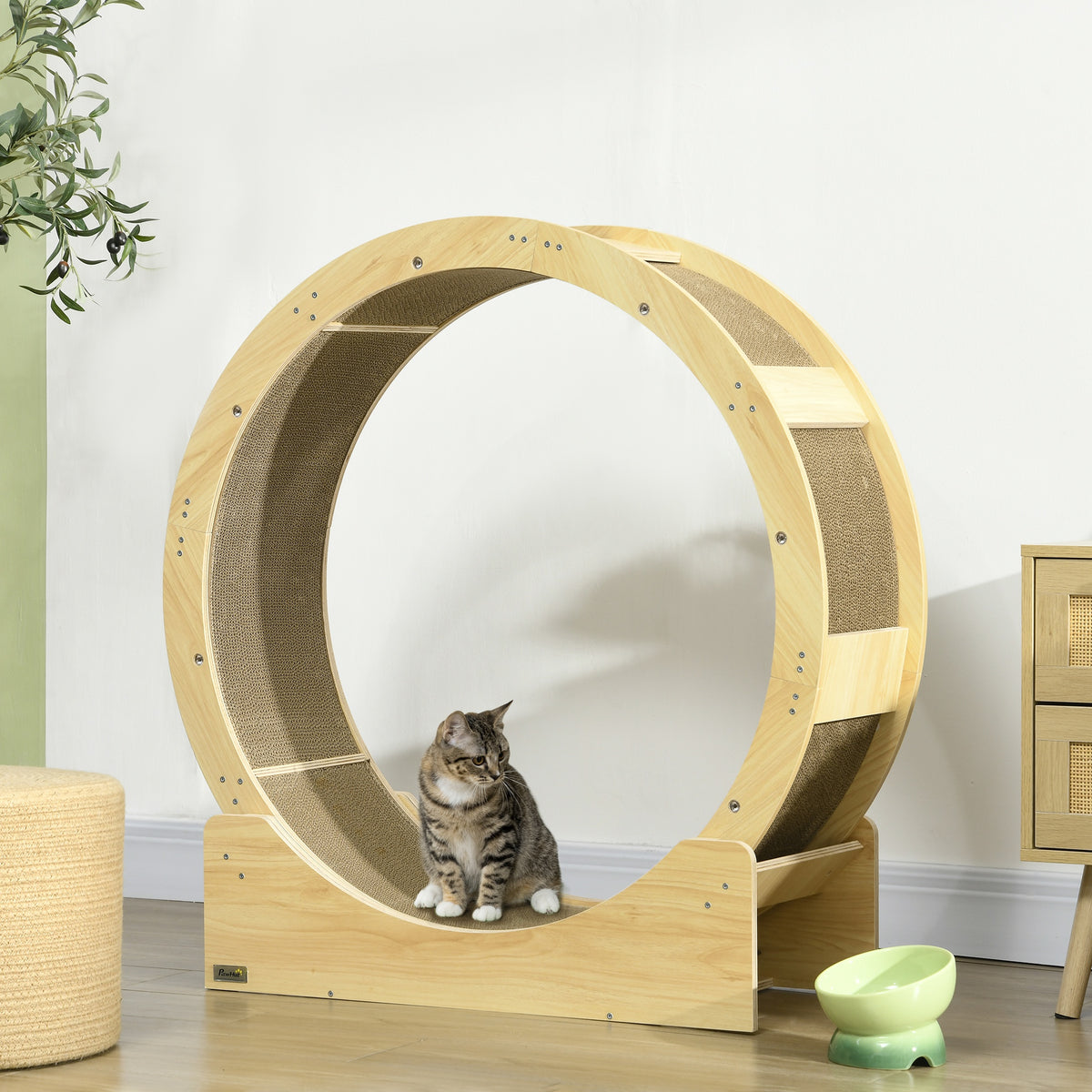 Roue de course pour chat d'intérieur tapis roulant avec frein coussins de grattage diamètre 91 cm naturel-9