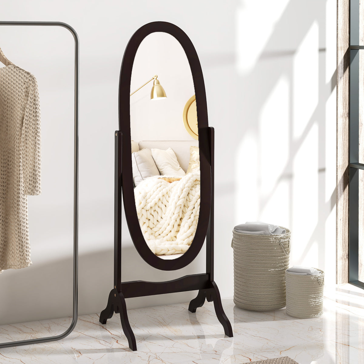 Miroir à pied ovale style shabby chic inclinaison réglable 48 x 46 x 147 cm mdf café-1
