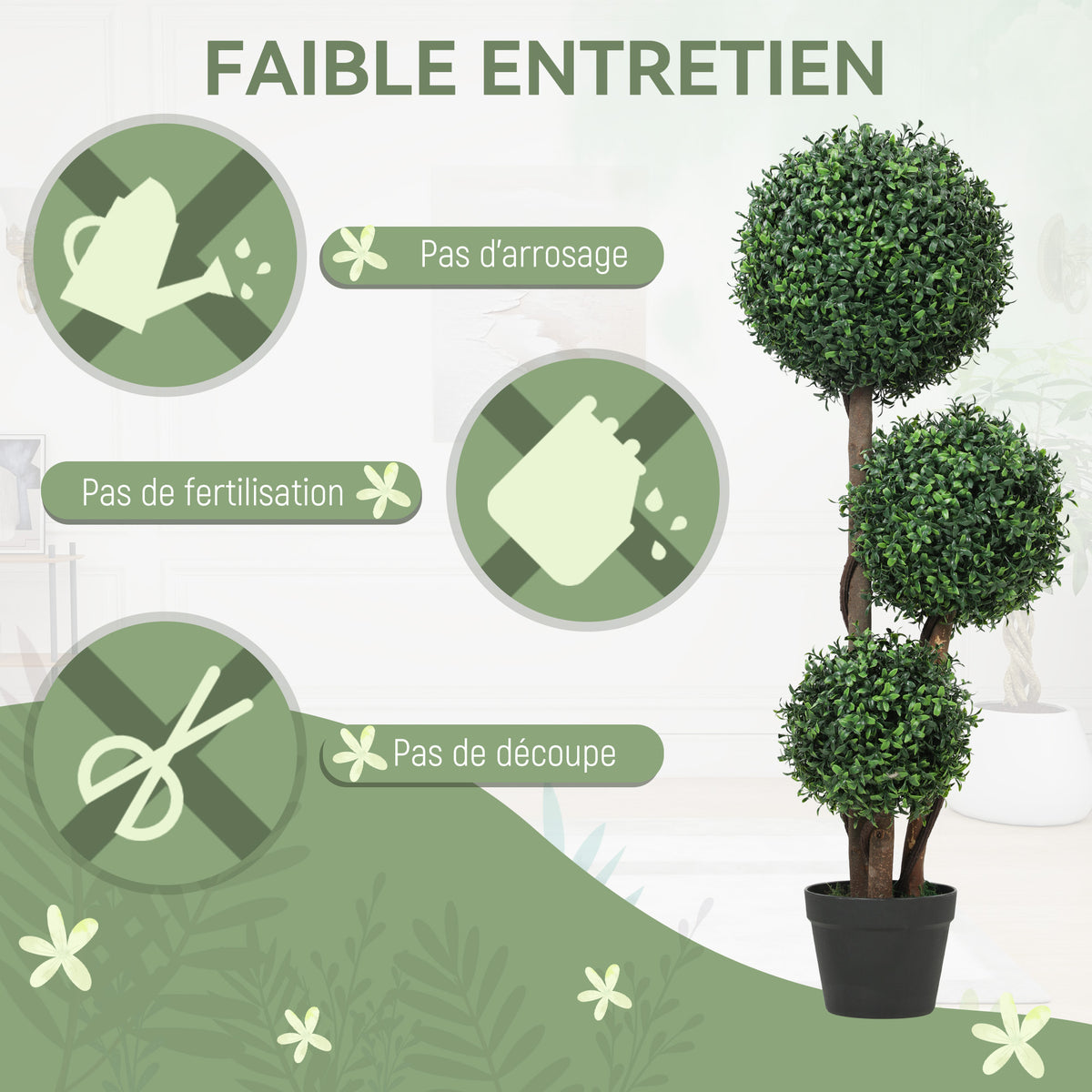 Plante Artificielle 100 cm, 3 Boules de Buis, Pot, Facile à Nettoyer, Arbre Artificiel Intérieur Extérieur, Vert-5
