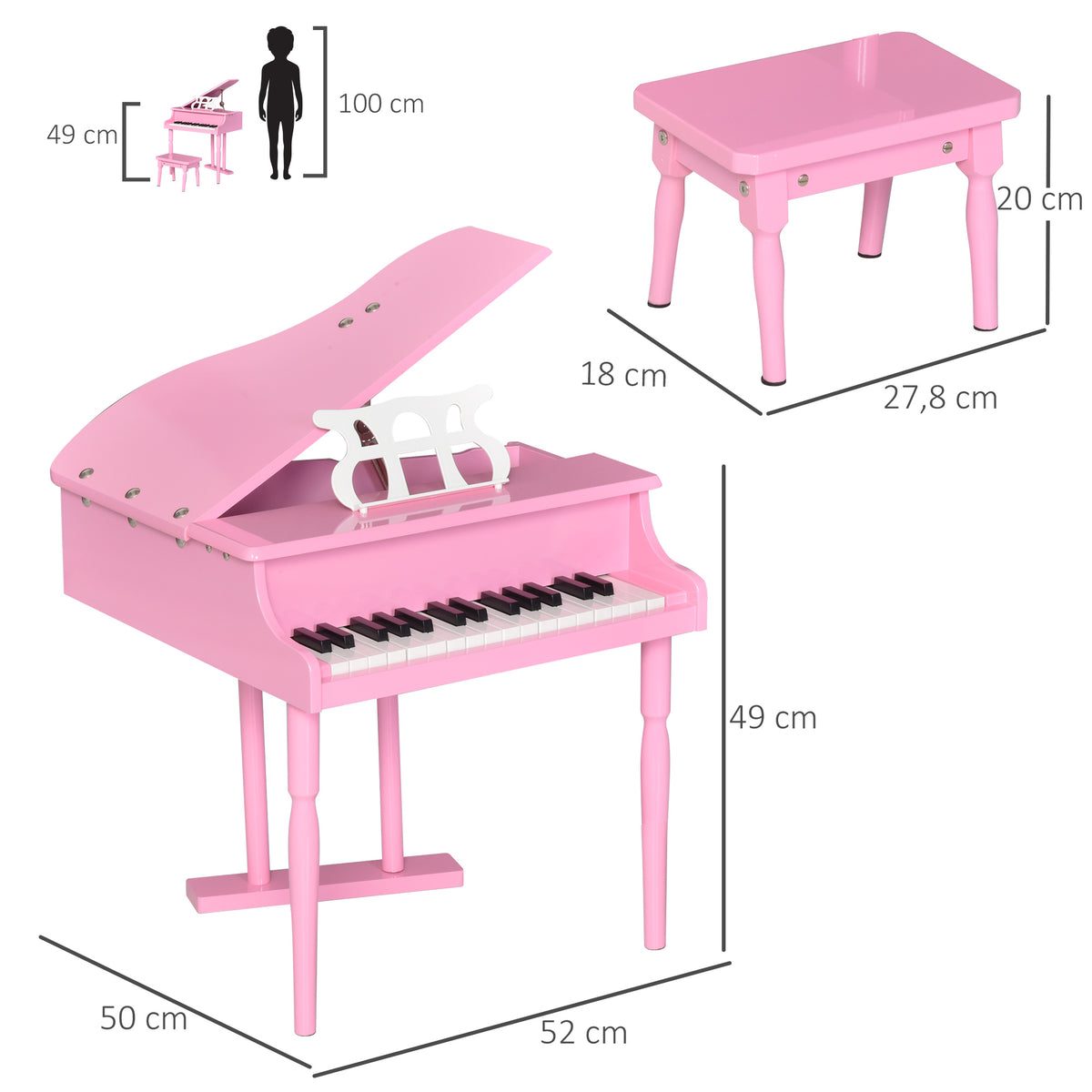 Piano à queue enfant en bois Piano enfant clavier de piano 30 touches - tabouret et pupitre inlus - Instrument de Musique - MDF rose-2