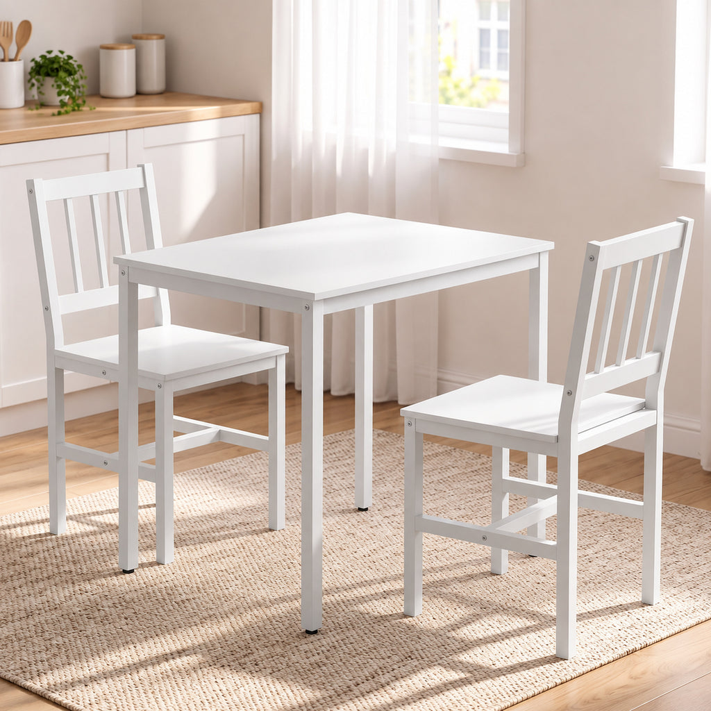 Ensemble Table Salle à Manger avec 2 Chaises, Table de Cuisine Rectangulaire 80 cm, Chaises à Dossier à Lattes, Blanc-1