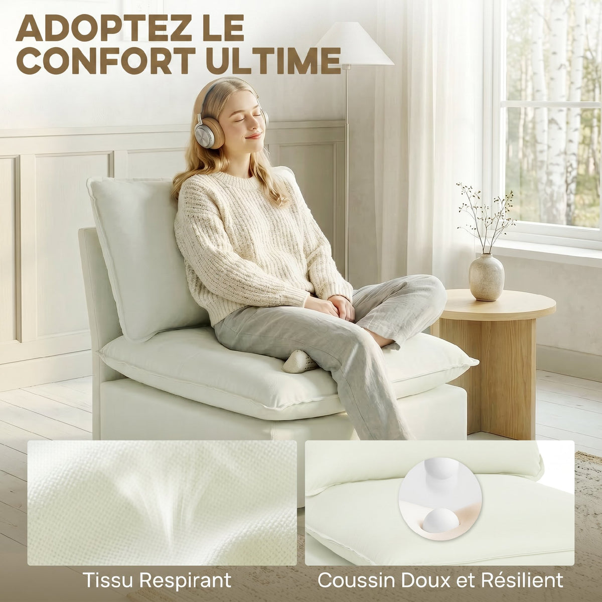 Fauteuil de salon, canapé 1 place moderne sans accoudoirs avec assise large, coussins épais, 146x85x78cm, crème-5