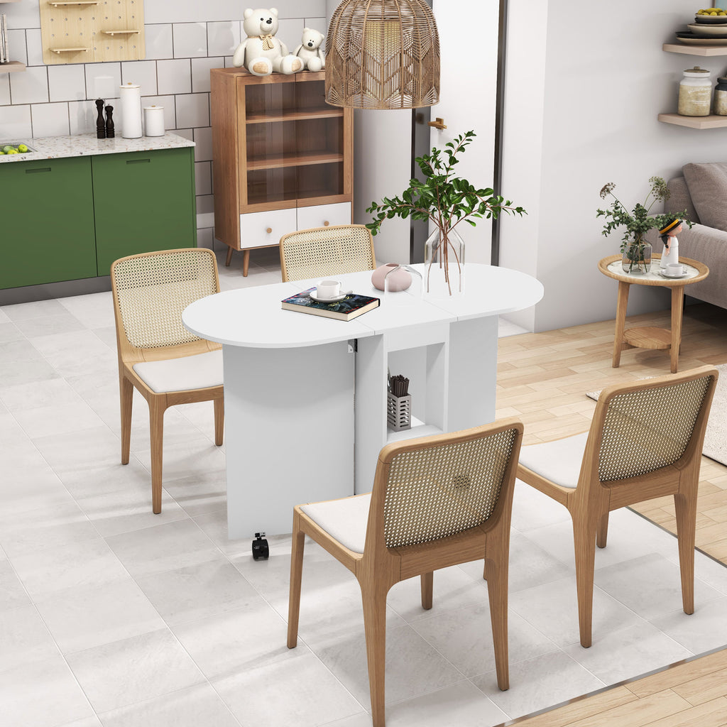 Table à manger pliante sur roulettes, table de cuisine pour 4 personnes, 2 abattants et 2 étagères, 120x60x77cm, blanc-9