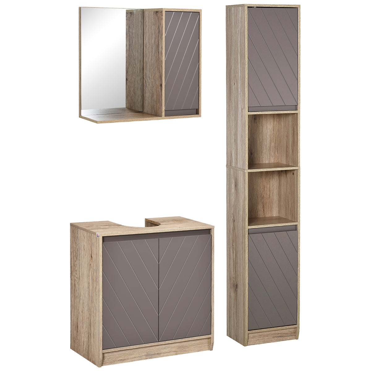Ensemble de Meuble sous lavabo, armoire avec miroir et meuble colonne pour salle de bain en bois chêne Clair Gris-0