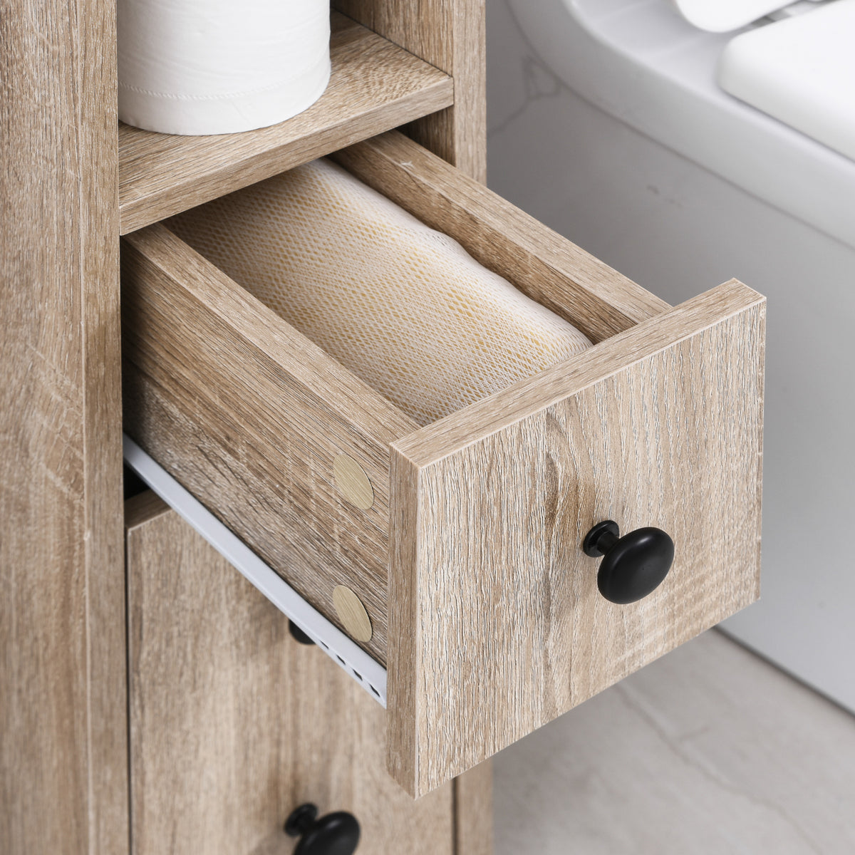 Porte-Papier Toilette 3 Niveaux avec Sortie Intégrée, Panneaux de Particules Aspect chêne Clair-7