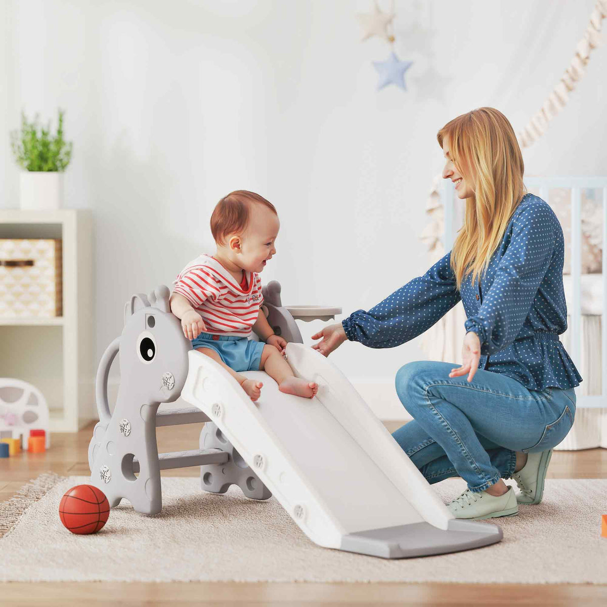 Toboggan pour enfants 3 en 1 en forme de girafe avec panier de basket, escalade et ballon, 106 x 51,5 x 52 cm, gris-1