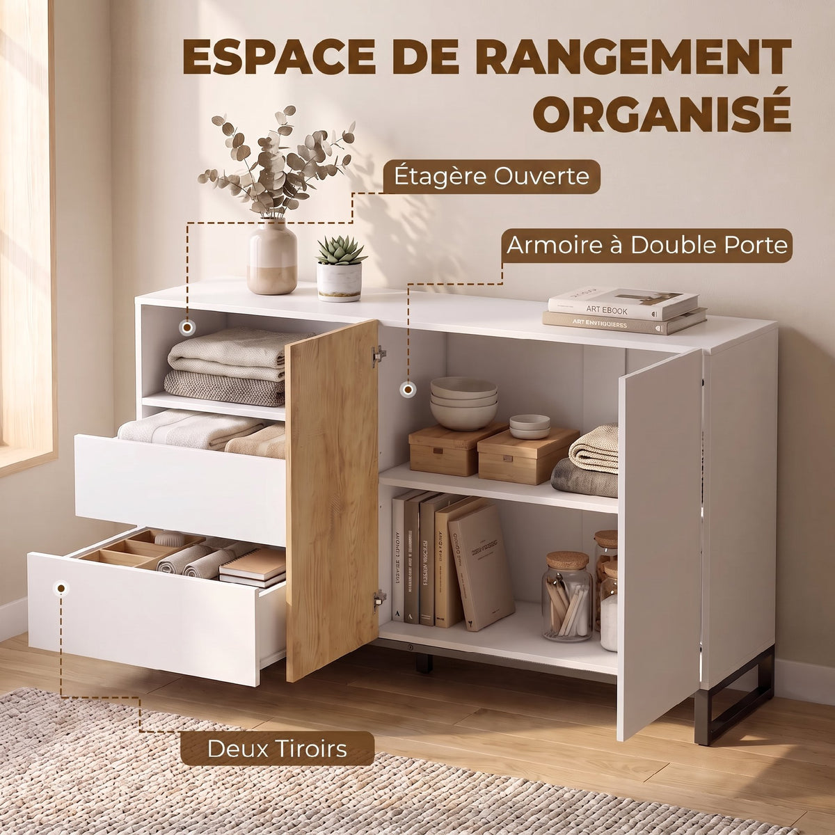 Buffet salon, meuble de rangement avec 2 portes à fermeture douce, 2 tiroirs et étagère réglable, blanc et chêne-4