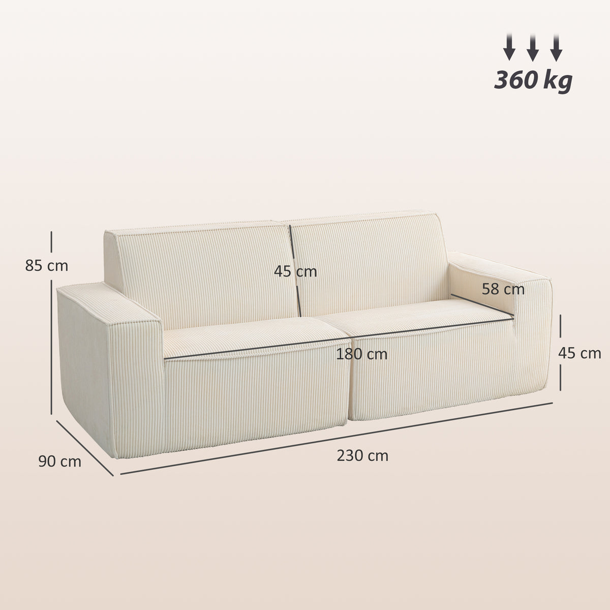 Canapé 3 places en velours côtelé 230 cm, canapé moderne, pas de montage nécessaire, beige-2