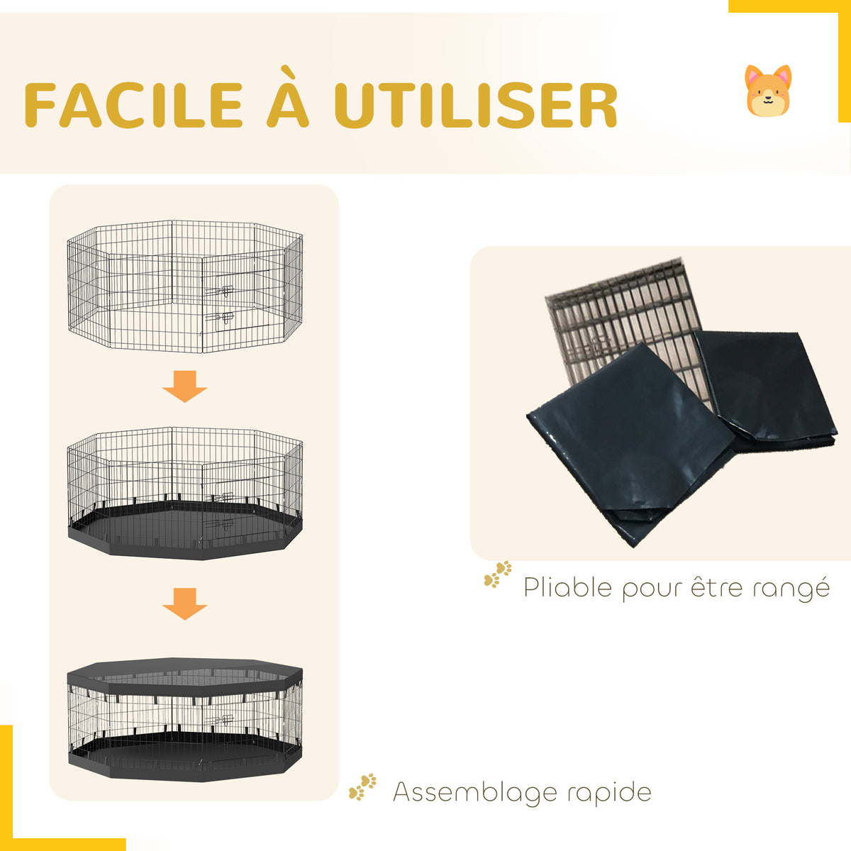 Parc pour chien enclos chien intérieur 8 panneaux pliables avec porte pour chiots acier 61l x 61H cm noir-4