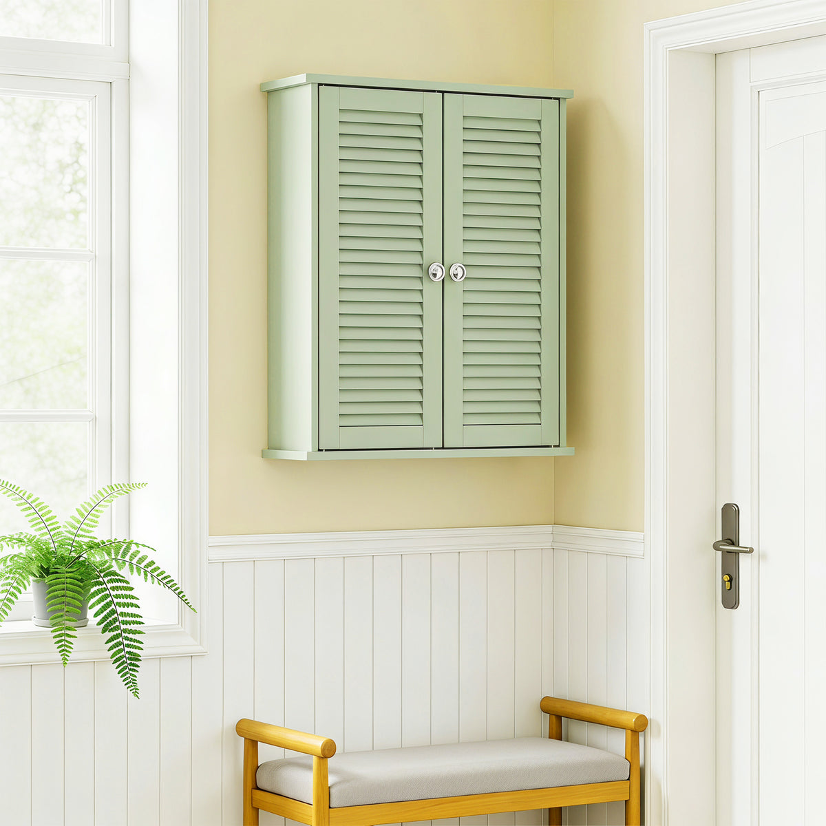 Armoire murale de salle de bain, meuble de rangement suspendu avec 2 portes persiennes et étagère réglable, vert-7