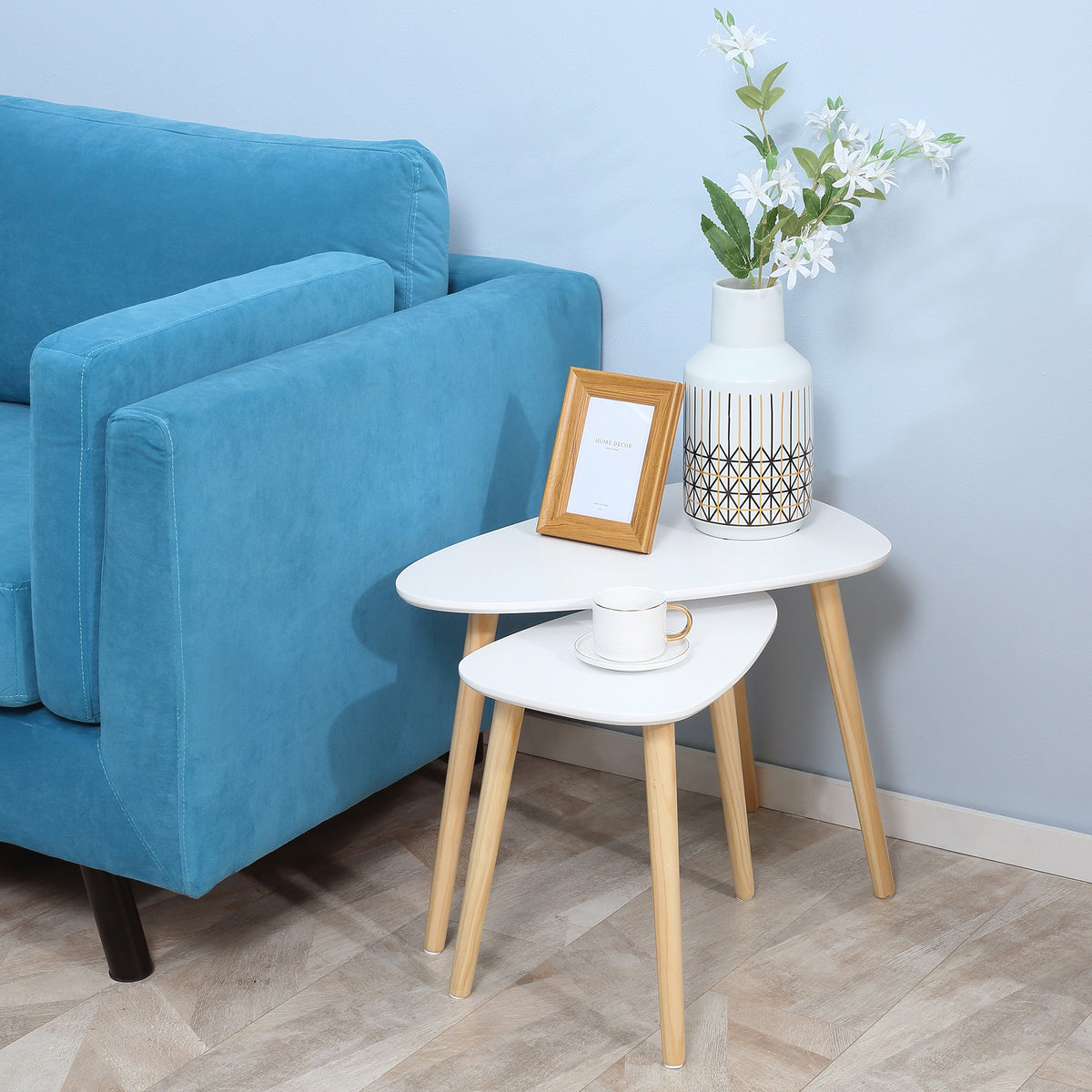 Lot de 2 tables basses gigognes design scandinave pieds en bois et plateau en bois, blanc-1