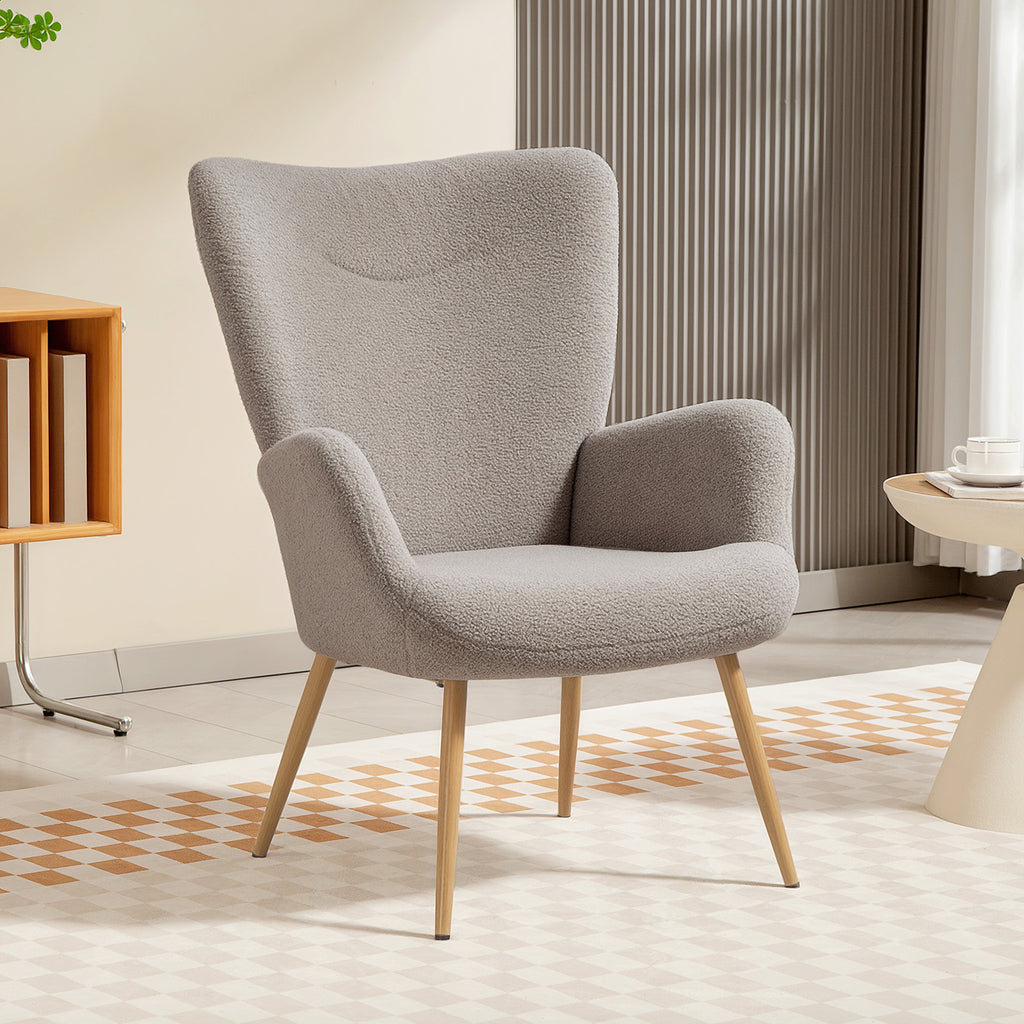 Fauteuil salon, fauteuil d'appoint rembourré en tissu bouclette avec haut dossier et accoudoirs, 71x74x97,5cm, gris-1