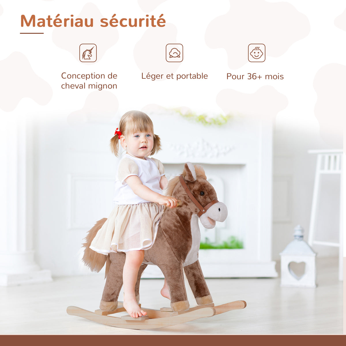 Cheval à Bascule Cheval de Cowboy Selle Grand Confort pour Enfants de 36+Mois Peluche Courte Douce Bois peuplier Charge 40 Kg Marron-3
