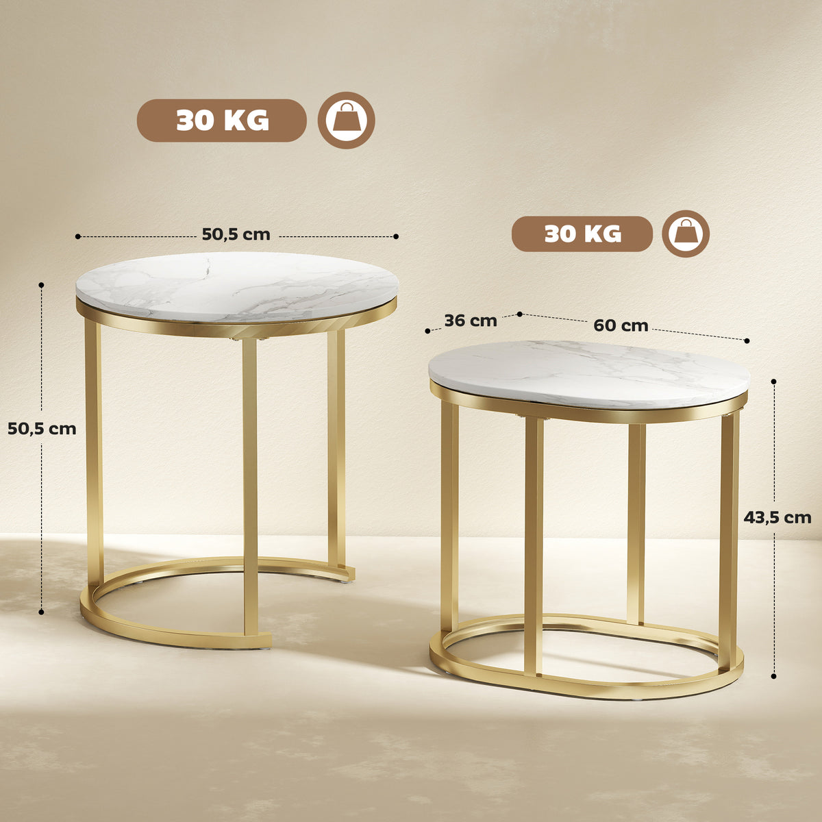 Lot de 2 tables basses tables d'appoint gigognes encastrables structure en acier et plateau en bois aspect marbre or-2
