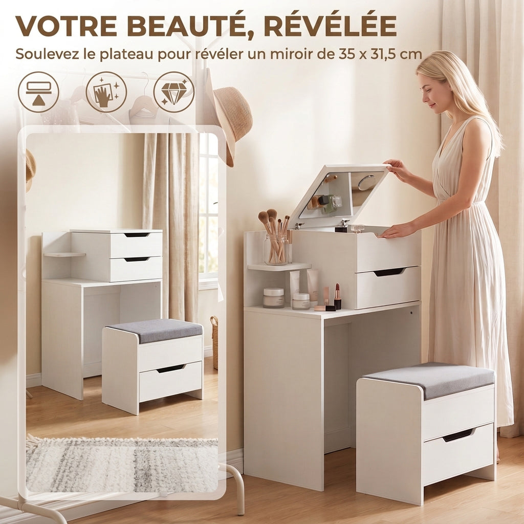 Coiffeuse avec Miroir Rabattable, Tabouret à Roulettes, Siège Rembourré, Tiroir, Étagère, Compartiment, Blanc-3