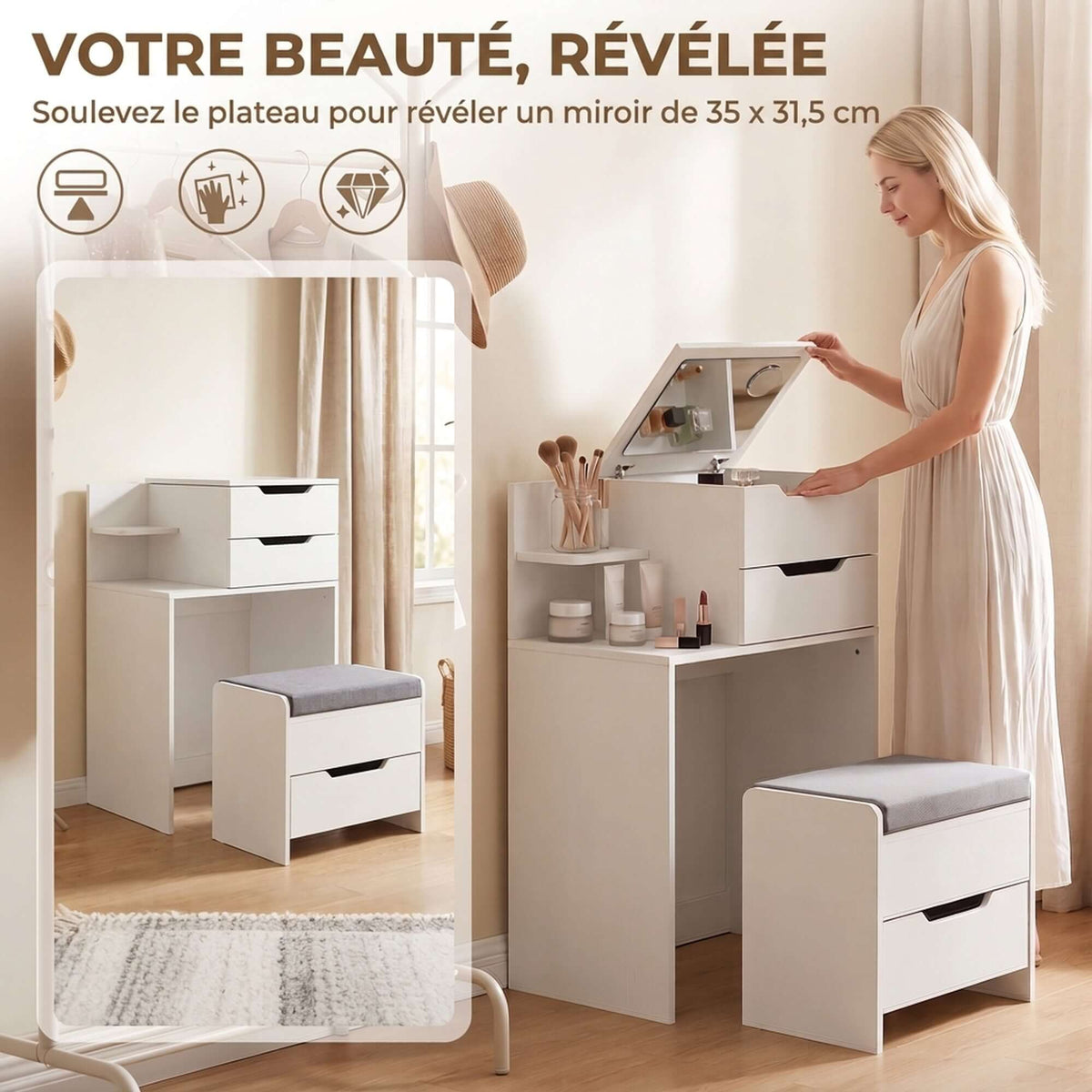 Coiffeuse avec Miroir Rabattable, Tabouret à Roulettes, Siège Rembourré, Tiroir, Étagère, Compartiment, Blanc-3
