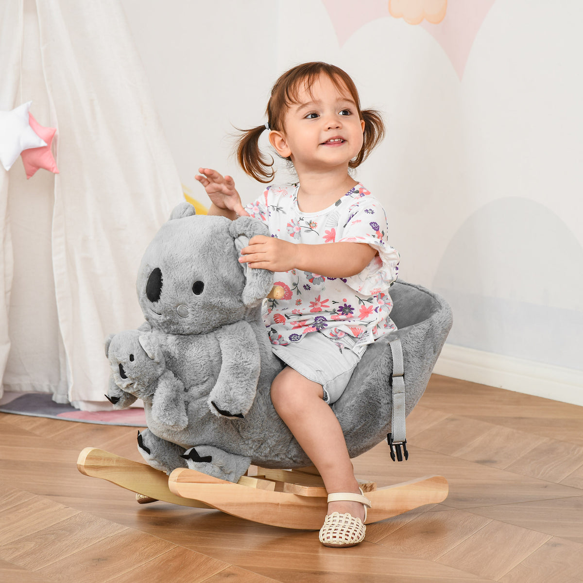 Jouet à Bascule Koala avec marionnette - Effet sonore Rugissement - Fauteuil intégré, Ceinture de sécurité - pour 18-36 mois - Bois peuplier Peluche Courte Polyester Gris-1