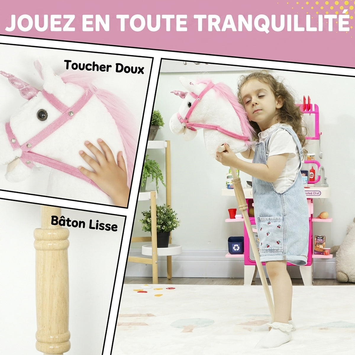 Cheval Bâton pour Enfants de 1+ Ans - Hobby Horse 95 cm, Roues, Sons Réalistes, Tête Légère en Mousse, Blanc-4