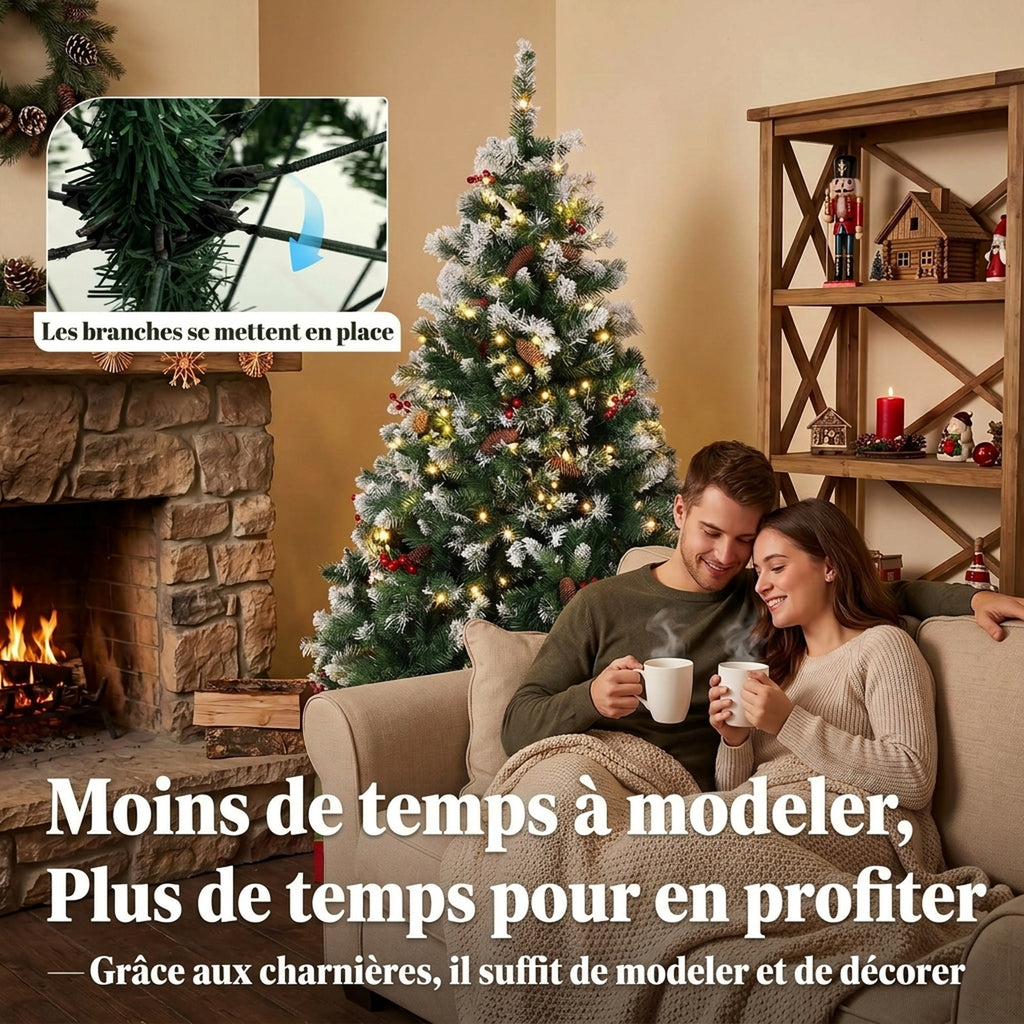 Sapin de Noël Artificiel Lumineux et Enneigé 150cm, Arbre de Noël, Télécommande, 11 Modes d'Éclairage, 210 LED, Vert-6