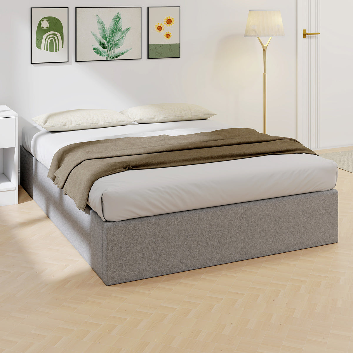 Lit coffre 140 x 190 cm, cadre de lit double rembourré, sommier à lattes en bois, rangement caché, sans bruit, gris-1