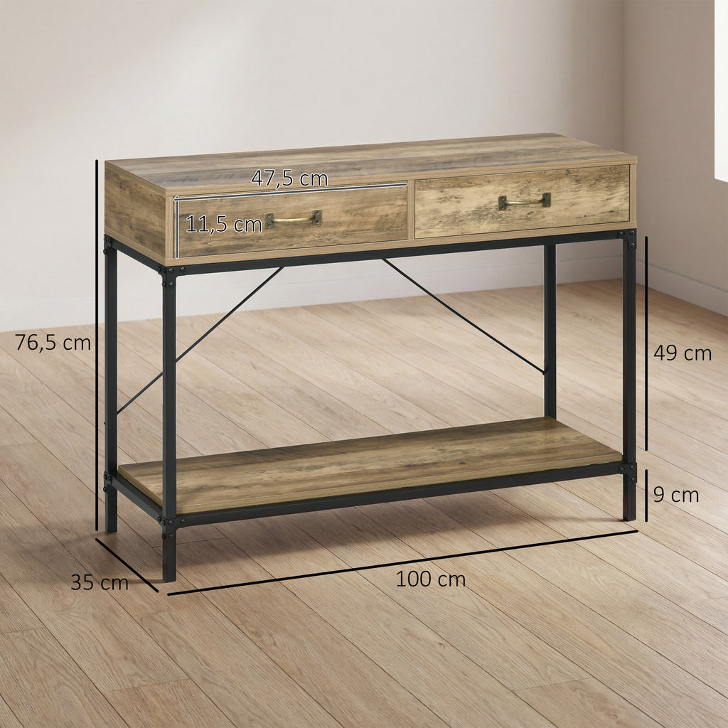 Table Console Table d'appoint d'entrée Industriel dim. 100L x 35l x 76H cm avec 2 tiroirs et 1 plateau Aspect Bois-2