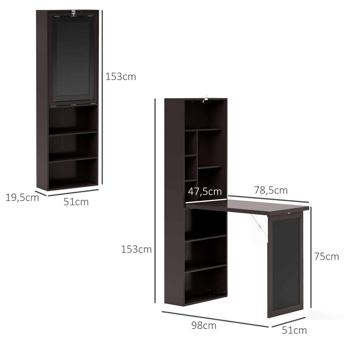 Bureau avec rangement pliable murale rabattable avec bibliothèque poste de travail tableau à craie et étagère réglable-2