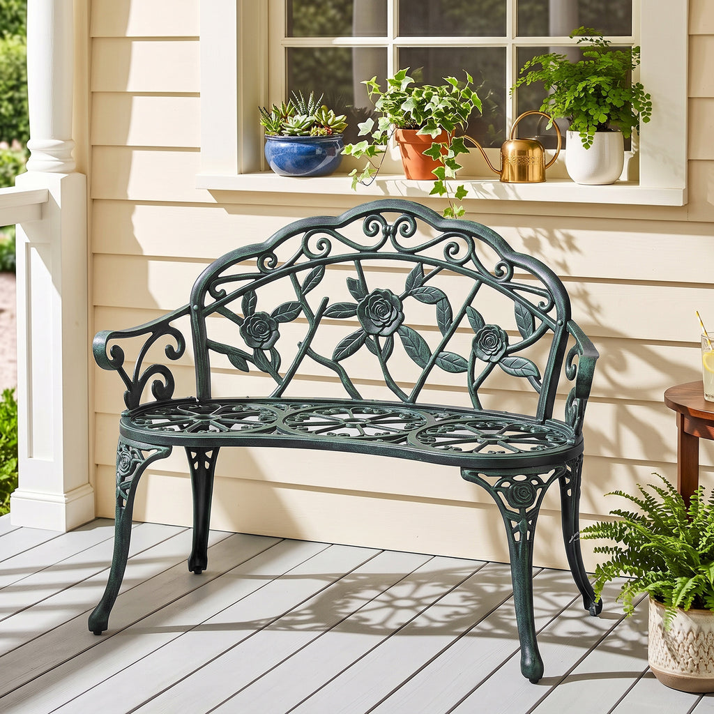 Banc de Jardin 2 Places Style néo-rétro Motif Rose Lignes fuselées 100L x 54l x 78H cm Fonte d'aluminium Vert-1