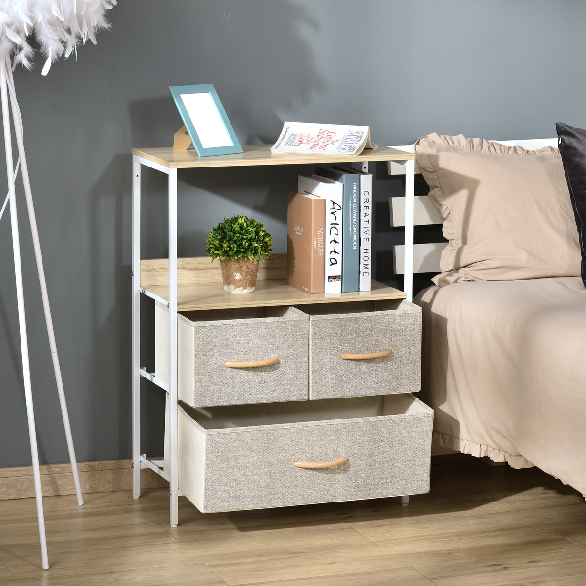 Commode meuble de rangement avec 3 tiroirs tissus, étagère et plateau supérieur, 58L x 29P x 81,5H cm-8