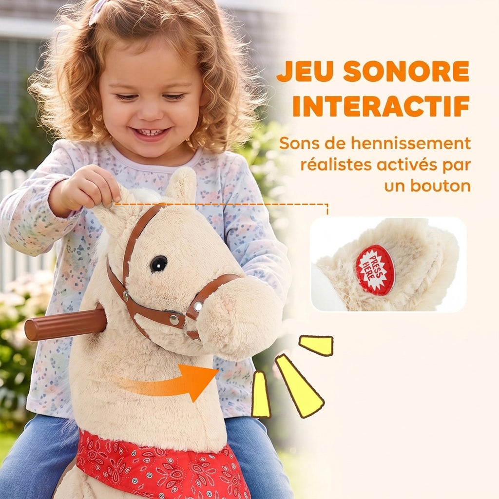 Cheval à bascule en peluche avec tête rotative, roues roulantes et sons de hennissement, dès 2 ans, marron clair-5