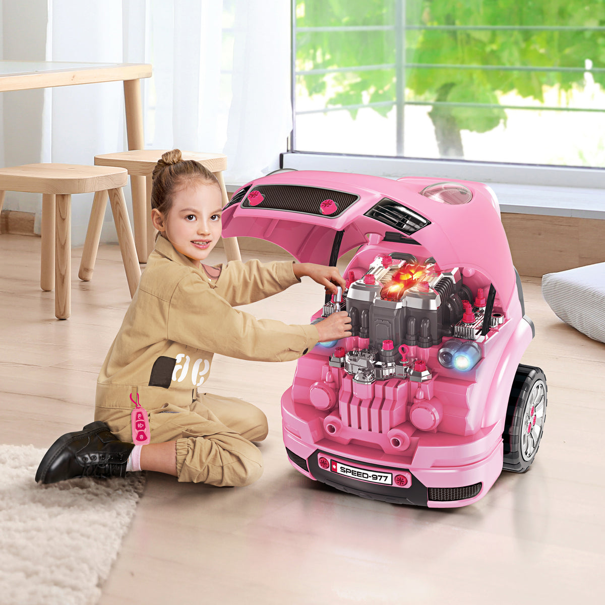 Camion mécano 2 en 1 jouet bricolage enfant jeu d'imitation mécanicien nombreux qccessoires total de 61 pièces rose-1