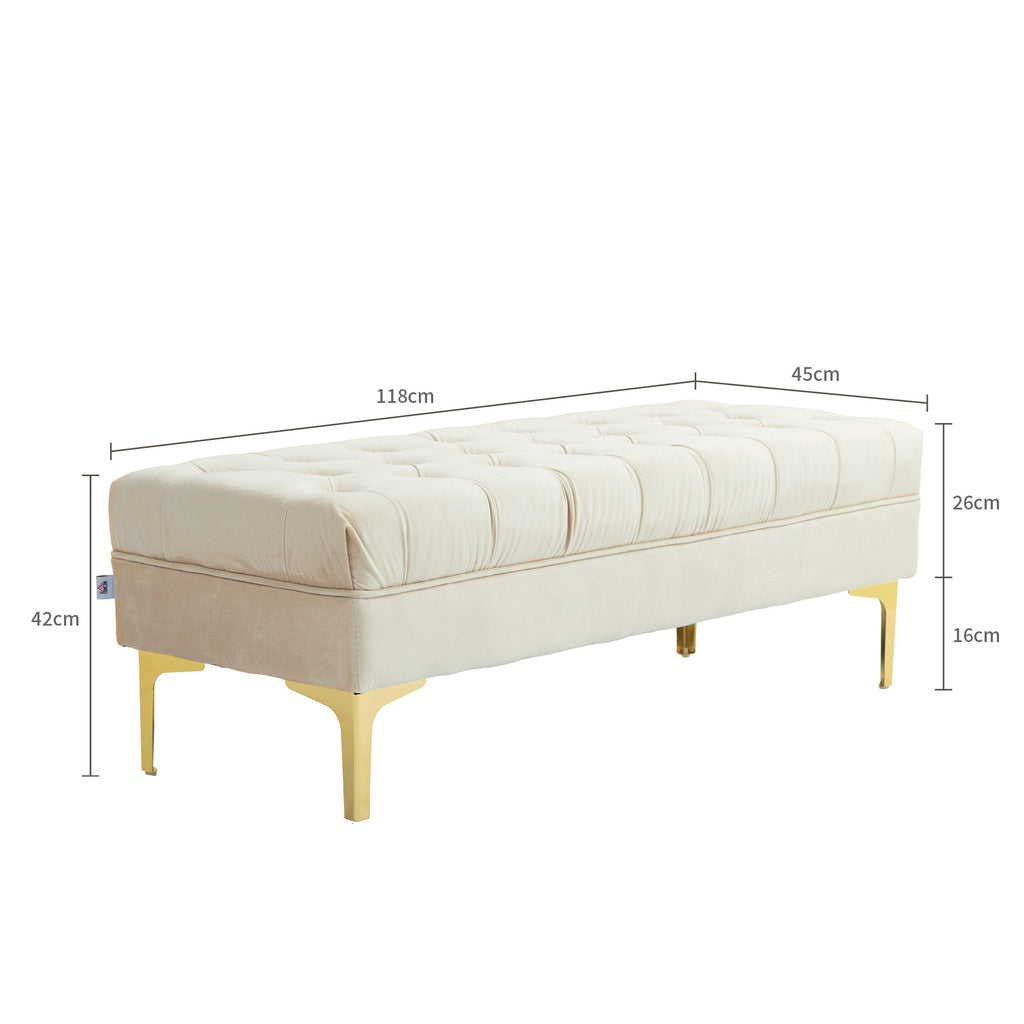 Banc banquette capitonnée bout de lit style classique chic dim. 118L x 45l x 42H cm piètement métal doré velours beige-2