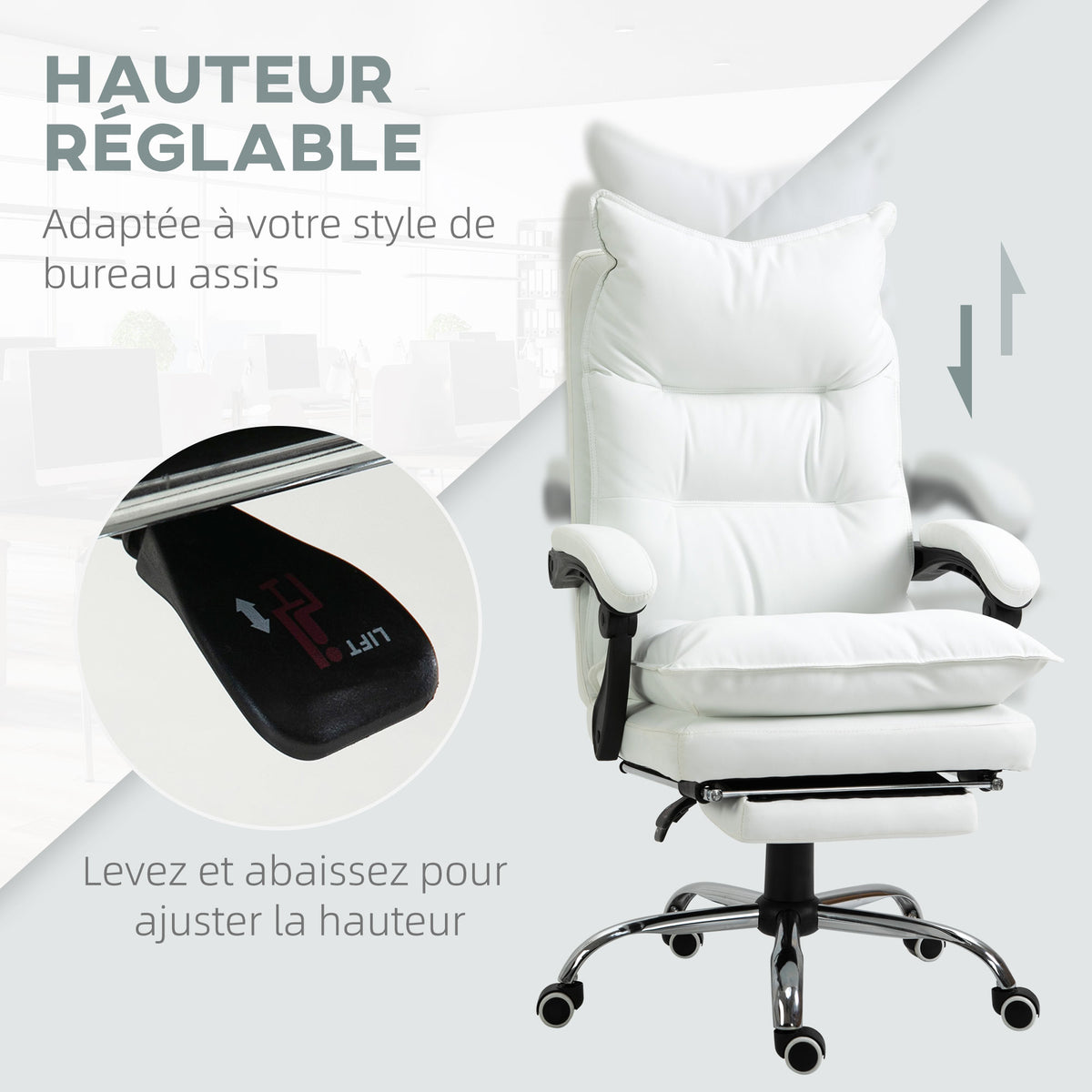 Fauteuil de bureau, chaise bureau ergonomique avec dossier inclinable, hauteur réglable, 66 x 72 x 130 cm, blanc-3