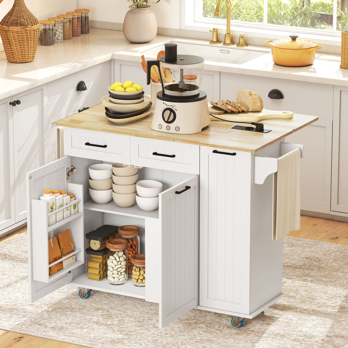 Îlot central cuisine mobile avec prise de courant et port USB, tablette à abattant, étagère réglable blanc-1