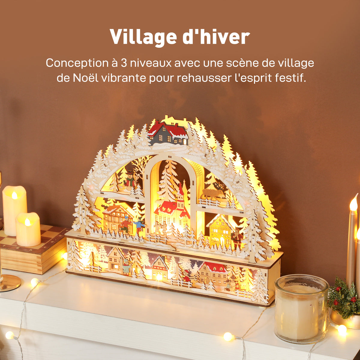 Village de Noël lumineux avec 20 LED, village de Noël animé en arc, fonctionne sur piles, 45 x 10 x 35 cm, bois naturel-3
