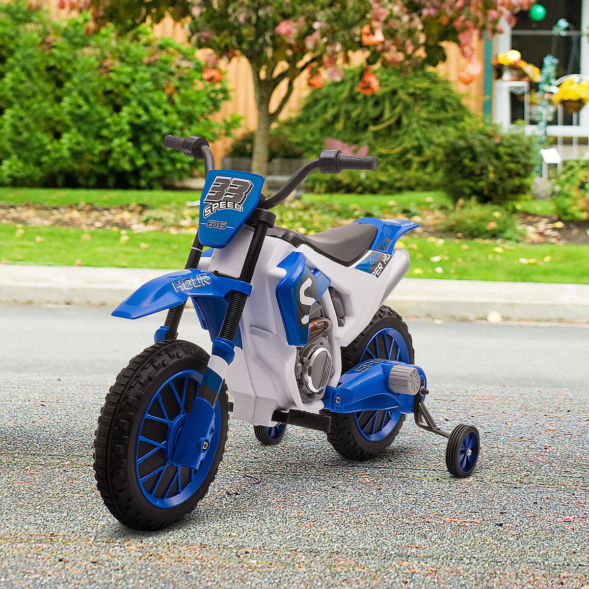 Moto Cross électrique Enfant 3 à 6 Ans 12 V 3-8 Km/h avec roulettes latérales Amovibles dim. 106,5L x 51,5l x 68H cm Bleu-9