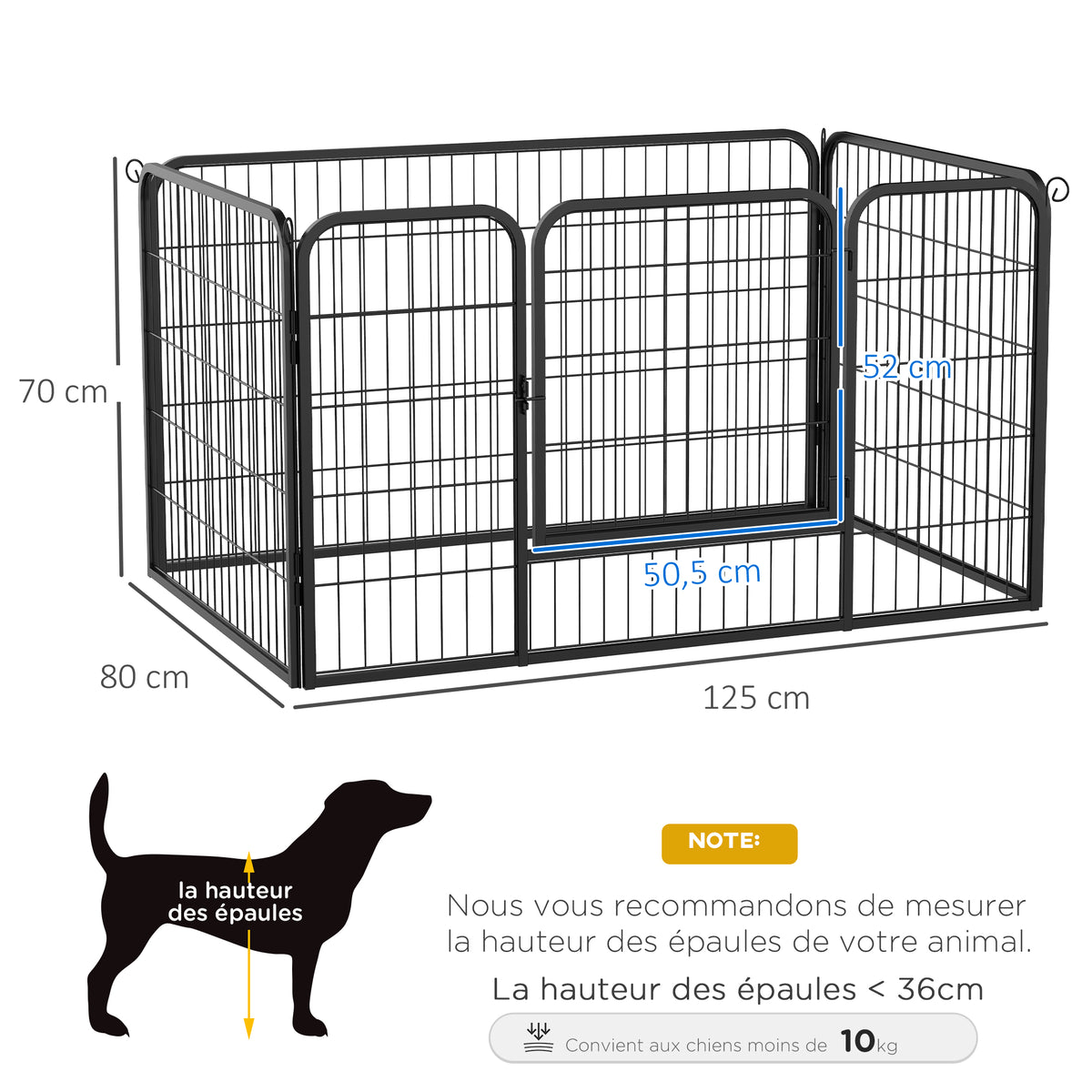 Luxe parc enclos modulable acier 4 panneaux et 1 porte pour chiens, lapins, rongeurs, petits animaux, intérieur et extérieur 125L x 70H cm noir-2