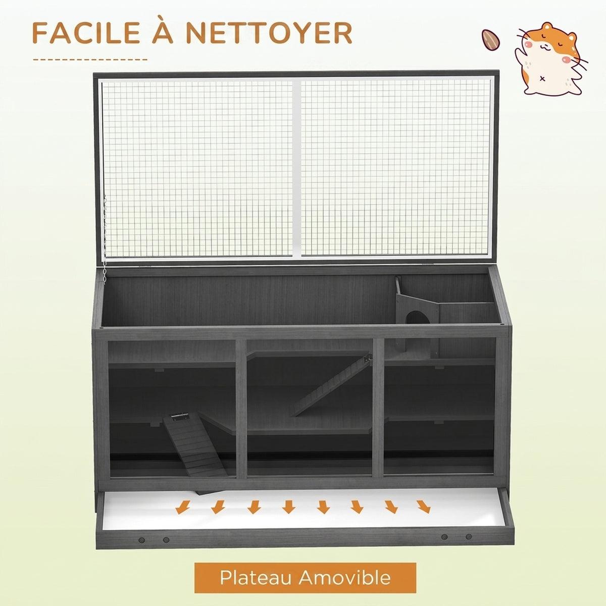 Cage à hamster cage gerbilles 2 niveaux toit ouvrable fenêtres cabane 2 échelle, 115 x 57 x 55 cm, gris-6