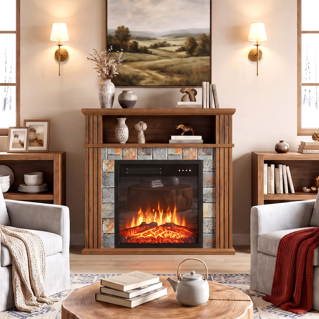 Cheminée Électrique 1800 W, Effet Flamme LED Réaliste, Compartiment Ouvert, 5 Niveaux de Luminosité, Manteau, Marron-9