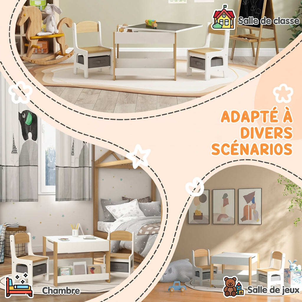 Ensemble 3 pièces table et 2 chaises pour enfant avec plateau réversible tableau noir, panier de rangement, étagères-6