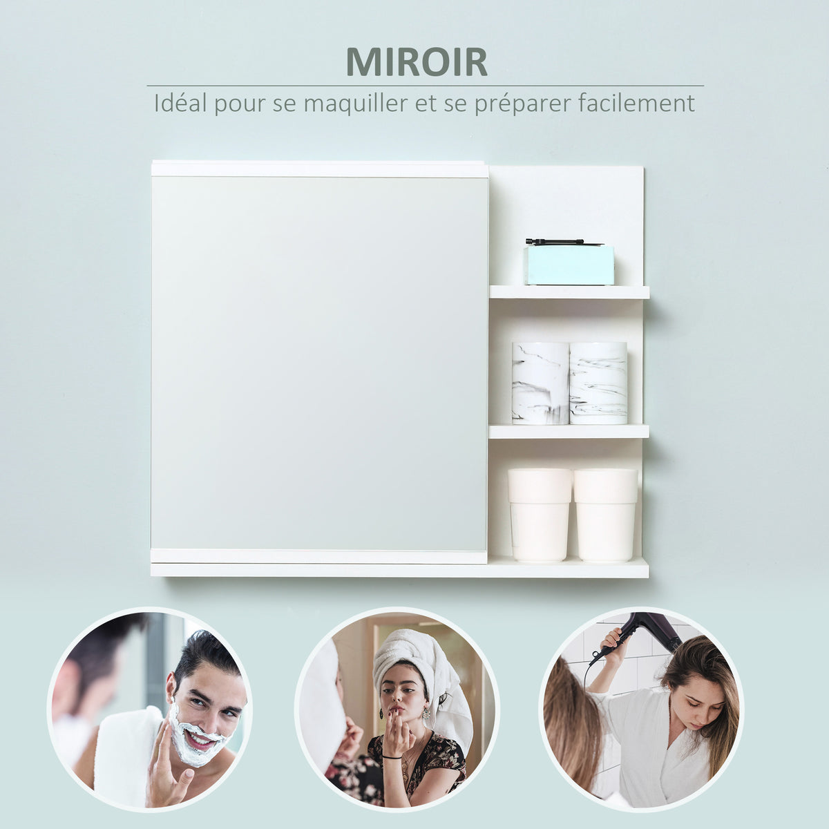 Armoire Miroir de Salle de Bain avec étagère 3 étagères latérales kit Installation Murale fourni en Bois Aspect Blanc-4