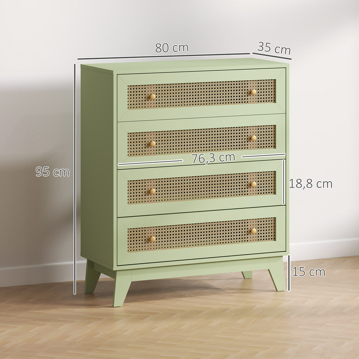 Commode 4 tiroirs meuble de rangement cannage en rotin aspect bois clair 80 x 35 x 95 cm vert-2