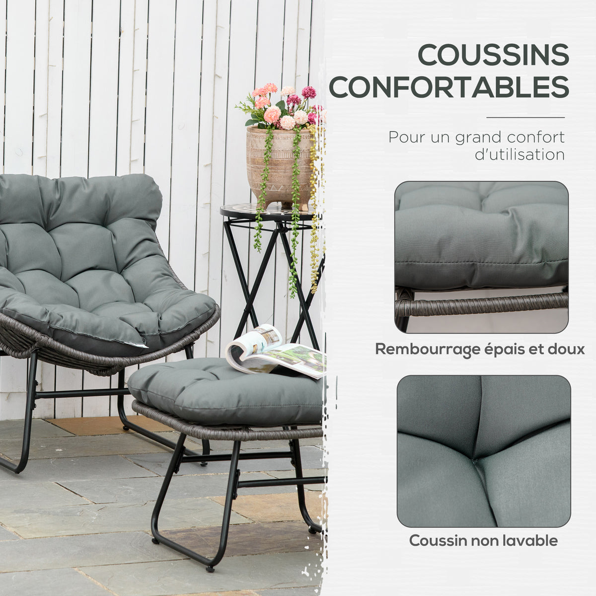 Fauteuil chaise de jardin avec repose-pieds en métal époxy et résine tressée aspect rotin avec coussins-4